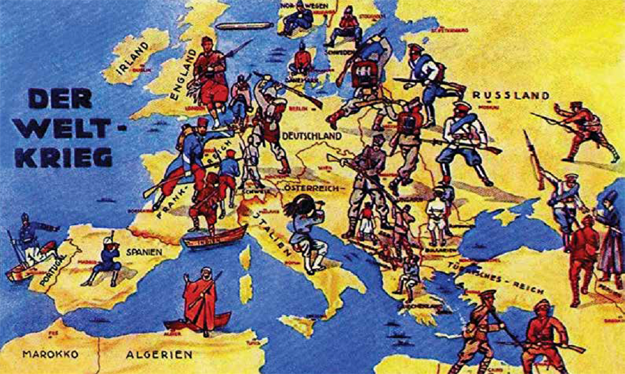 Asırlardır beklenen fırsat: Avrupa’nın kapısında Temmuz 1914’te başlayan 1. Dünya Savaşı kısa sürede Avrupa’nın tamamına yayıldı. 4 yıl süren savaş Osmanlı topraklarına göz diken Avrupa devletleri için büyük bir fırsattı. Savaşın yayıldığı bölgeyi gösteren Almanca bir propaganda kartı.
