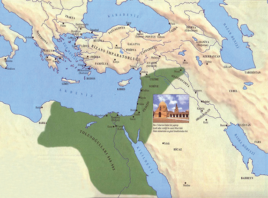 Tarsus’tan Berka’ya Tolunoğulları Mısır’da kurulmuş, kısa sürede bugünkü Suriye, Filistin ve Tarsus topraklarına yayılmıştı. Devletin en geniş sınırlarını gösteren harita.