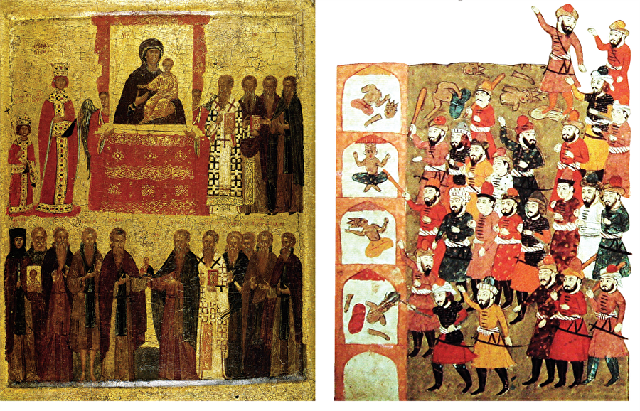 Theodora V. Leon’a karşı V. Leon’un 813 yılında tasvirlere cephe almasına karşılık 843’te gerçekleşen Ortodoks bayramında Theodora ve oğlu Michael, ikonalarda tasvir kültünün yeniden kabulünü kutluyor.