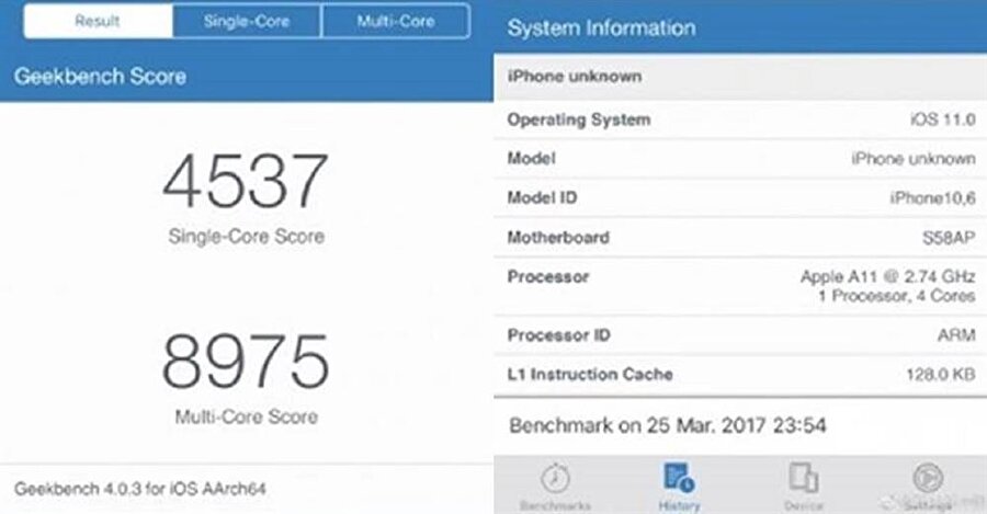 iPhone 8'in GeekBench 4.0 testleri. Tek çekirdekte 4537 puan, çift çekirdekte ise 8975 puan. 