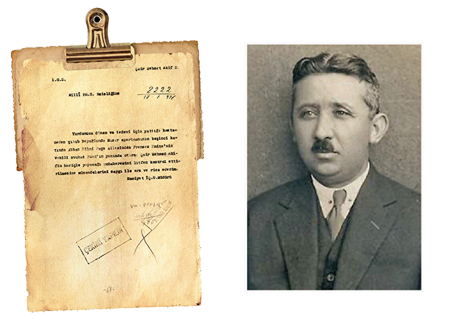 Kimlerle görüşüyor? Emniyet Genel Müdürlüğü, 18 Temmuz 1936 tarihinde dönemin İstihbarat Müdürlüğü’ne yazı yazarak İstiklal Şairi’nin hasta iken kaldığı apartmanda dışarı ile yapacağı konuşma ve görüşmelerin takip edilmesini talep ediyor. Başka hangi ülkenin Millî Şairi böyle bir muameleye maruz kalmıştır acaba?-Şefik Kolaylı(sağda)