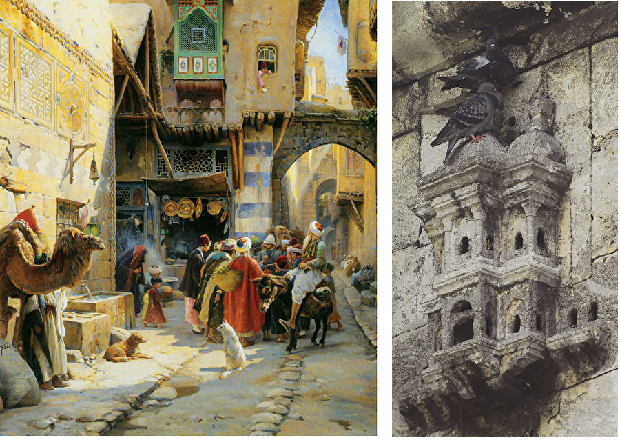 Tıpkı bir akraba gibi(solda) Şam’da bir sokağı tasvir eden, Gustav Bauernfeind’e ait bu yağlıboya tablo (1888-89), Sadri Sema’nın “Eskiden hayvanlarla insanlar akrabalar gibi bir arada yaşarlardı” sözünün tuvalde karşılık bulmuş bir tanığı sanki.-Ev değil, saray(sağda) Osmanlı döneminde kırlangıç, saka, serçe, güvercin gibi kuşlar için binaların yüksek kısımlarına yapılan ve klasik Osmanlı mimarisinin izlerini taşıyan kuş evleri için “kuş sarayı” demek daha doğru olmaz mı sizce de?