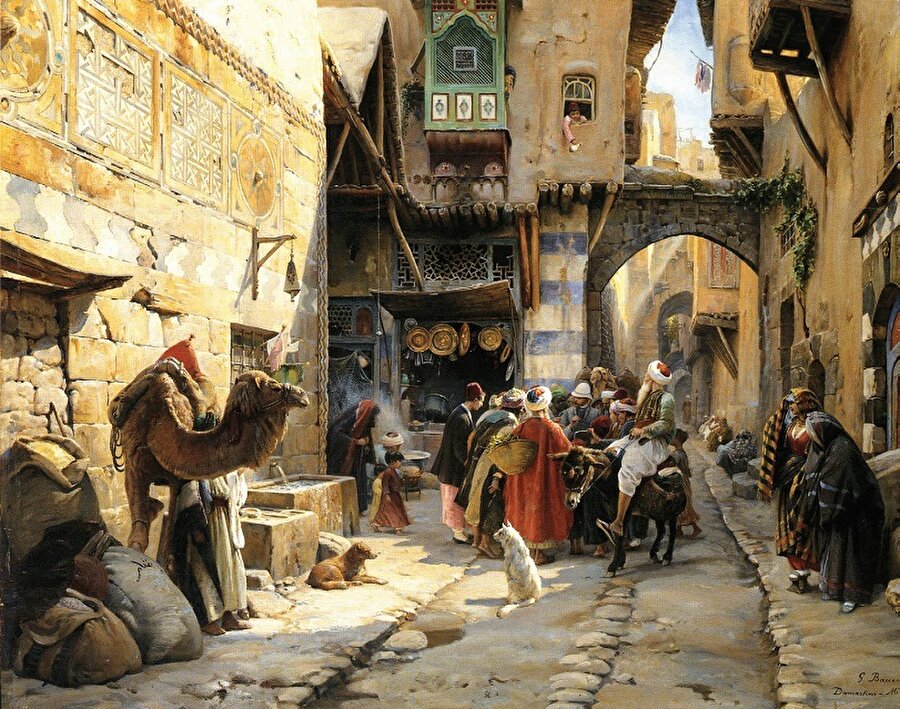Osmanlı Suriye’sinde bir Şam sokağı (ressam: Gustav Bauernfeind).