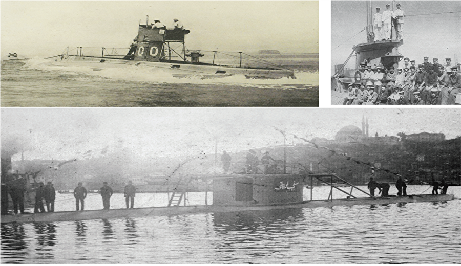 Turquoise’dan Müstecib’e Marmara’ya sızan düşman denizaltılarından 7’si batırıldı. Fransızlara ait Turquoise ise esir alınmış, İstanbul önüne getirilerek ismi, onu vuran topçumuzdan esinlenilerek Müstecib Onbaşı olarak değiştirilmişti (altta)..- Gözünü İstanbul’a dikmişti 23 Mayıs sabahı Bakırköy önlerine gelen İngiliz denizaltısı E-11, 2 gün sonra İstanbul limanına girmeyi göze almış, Boğaz’daki bu beklenmedik hareketlenme halk arasında heyecana sebep olmuştu. Üç kez Marmara’ya girerek en fazla gemiye zarar veren E-11’in mürettebatı(üstte solda).