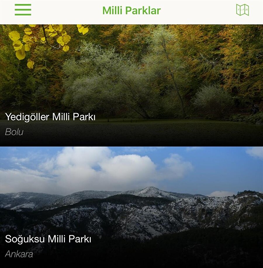 Milli Parklar uygulamasının ana ekranı. 