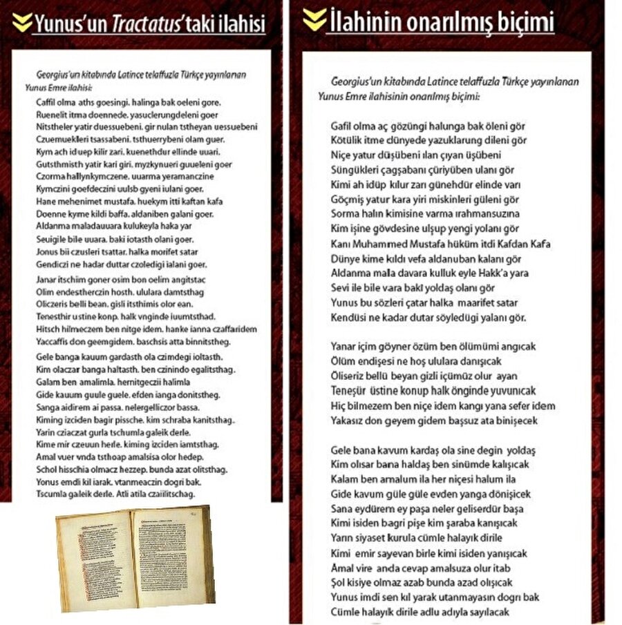 Georgius’un “sermones” adını verdiği Yunus ilahilerinin yer aldığı Tractatus’un 1481 baskısının 119. ve 120. sayfaları (sol alt köşe) (H. İnalcık, G. Renda, Osmanlı Uygarlığı 2, 2004).