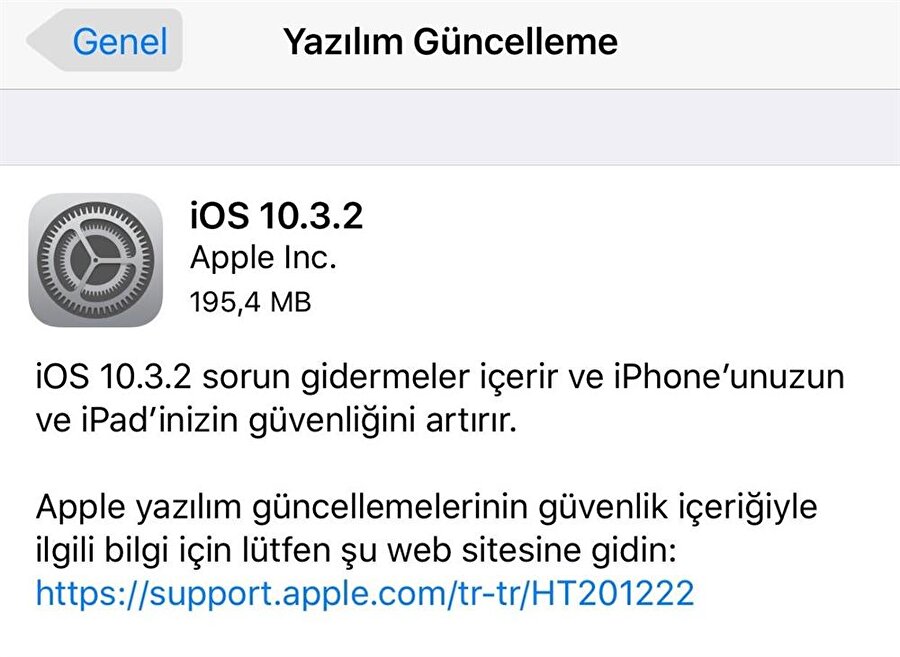 iOS 10.3.2'nin sürüm notları.