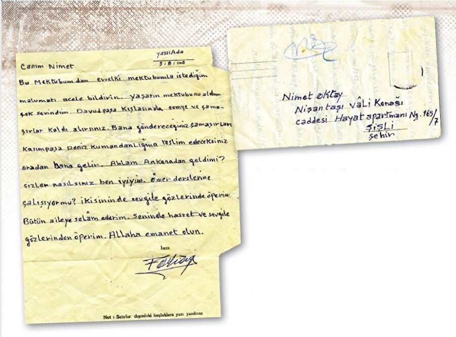 30 Eylül 1960’ta Yassıada’da vefat eden Faruk Oktay ölümünden yaklaşık iki ay önce eşine “Canım Nimet” diye başlayan bu dokunaklı mektubu göndermişti Yassıada’dan.