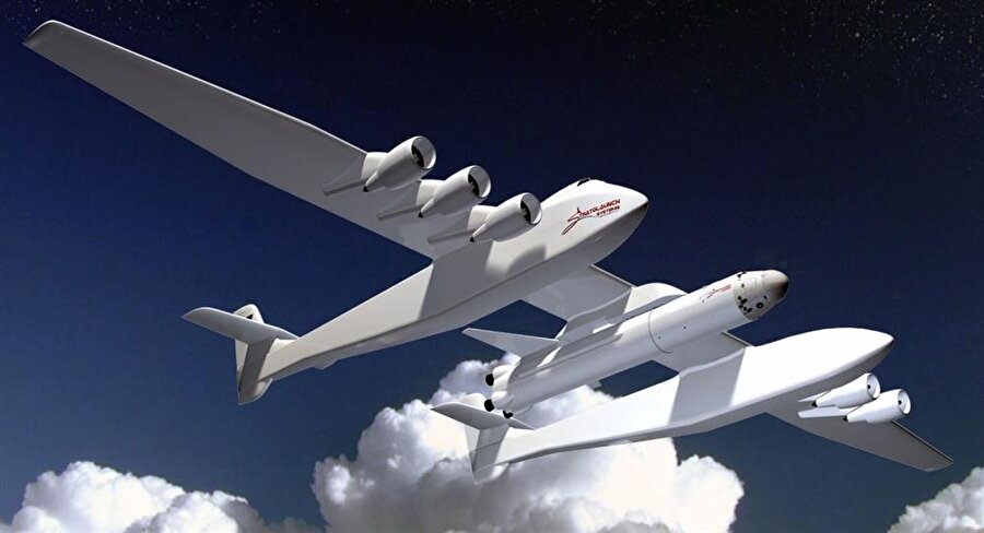 Paul Allen'in amacı, 117.3 metrelik kanat açıklığına sahip bu dev uçak sayesinde uzaya roket yollamak. 