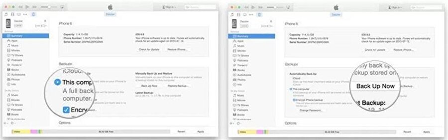 Hem veri hem de iOS yedeği için iTunes uygulamasının en güncel sürümü kullanılabiliyor. Soldaki aygıt bölümünden yedeklenecek cihaz seçildikten sonra işlem gerçekleştirilebiliyor.