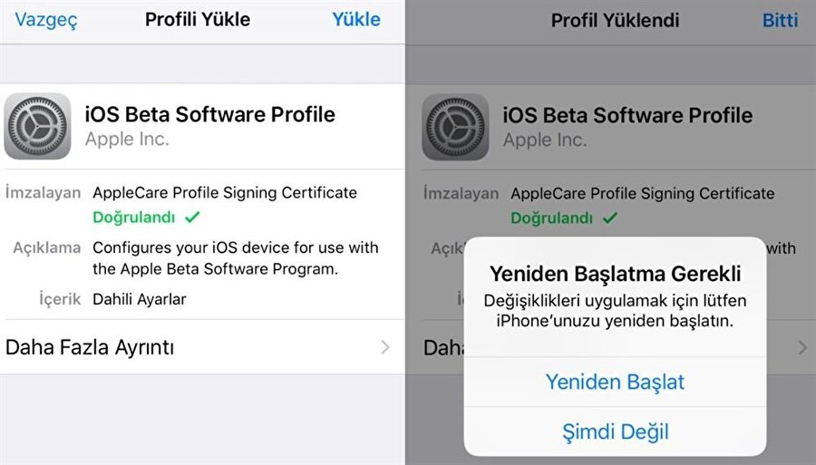 Yeni iOS profili doğrulandıktan sonra yeniden başlatma işlemi gerekiyor.