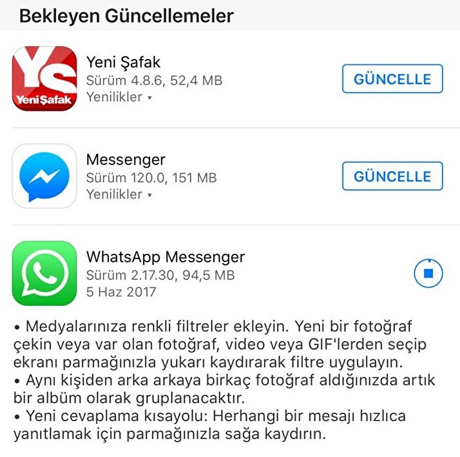 WhatsApp'ın yeni sürümünü yüklemek için hem Google Play hem de App Store'a erişip, uygulamayı güncelle düğmesine tıklamanız yeterli. 94 MB boyutundaki bu güncelleştirmeyi kablosuz bağlantı üzerinden indirmekte yarar var.