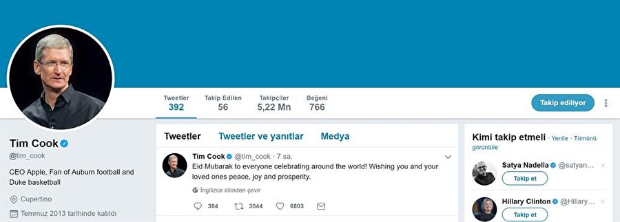 Ramazan Bayramı'nın kutlandığı tweet, şu anda Tim Cook'un Twitter hesabında en tepede yer alıyor. 