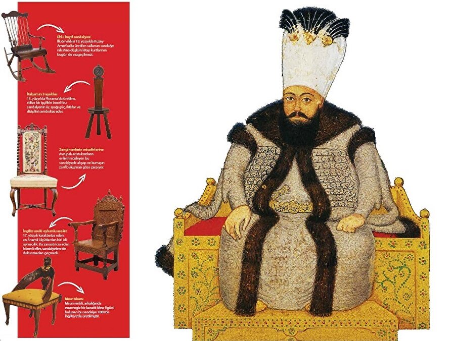 Osmanlı’da en mühim hükümdarlık alametlerinden biri de padişahların asaletlerine yaraşır tahtlardı. Sultan I. Mahmud’un kıymetli taşlar ve zarif işlemelerle bezeli tahtı (Kebir Musavver Silsilenâme, Levnî, Topkapı Sarayı Müzesi).