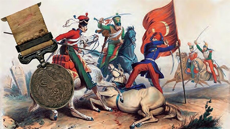 Kırım Savaşı sırasında çarpışan Osmanlı ve Rus askerlerini tasvir eden bir resim (üstte-ressam: H. F. E. Philippoteaux). Savaş sırasında Ruslar (sağda) ve Kırım Harbi madalyası.
