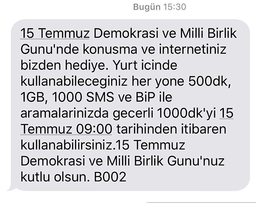 Turkcell'in 15 Temmuz Demokrasi ve Millî Birlik Günü için abonelere gönderdiği kısa mesaj.