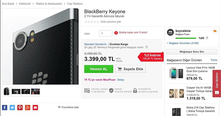 BlackBerry KEYone için N11'de belirlenen fiyat etiketi ise 3399 TL. 