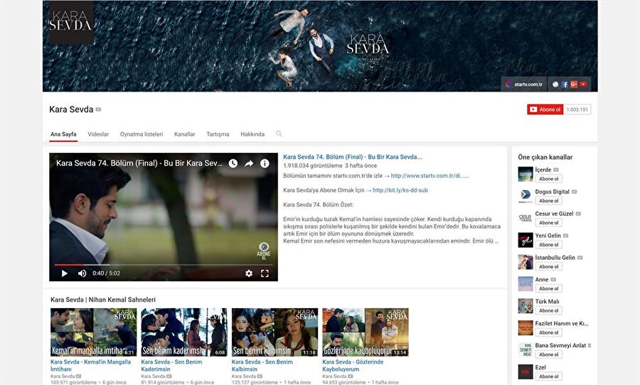 Kara Sevda'nın YouTube kanalı toplamda 1699 video barındırıyor ve diziyi en baştan sona izlemek isteyenlere güzel bir fırsat sunuyor. 
