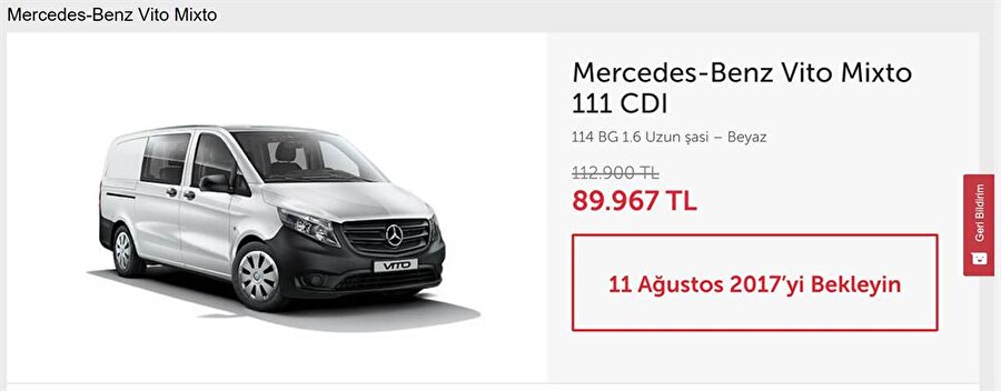 Mercedes-Benz Vito Mixto 111CDI modelini bu kampanya sayesinde 89.967 TL karşılığında satın almak mümkün oluyor. 
