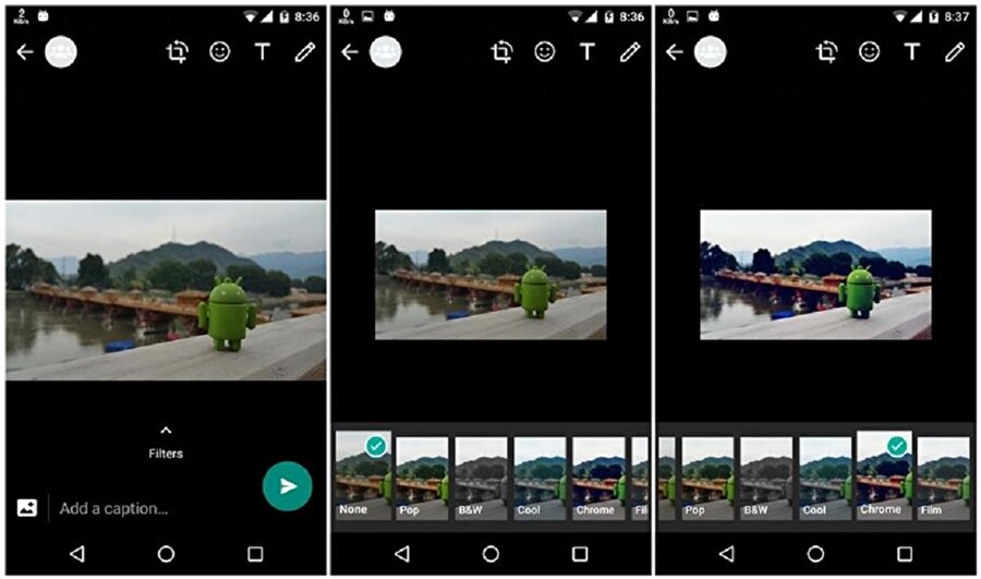 WhatsApp'ta fotoğraf gönderimi öncesinde filtre seçeneklerini uygulayarak fotoğrafın göze çok daha hoş görünmesi sağlanabiliyor. Akabinde diğer düzenleme seçeneklerinin ardından kolayca gönderim sağlanabiliyor. 