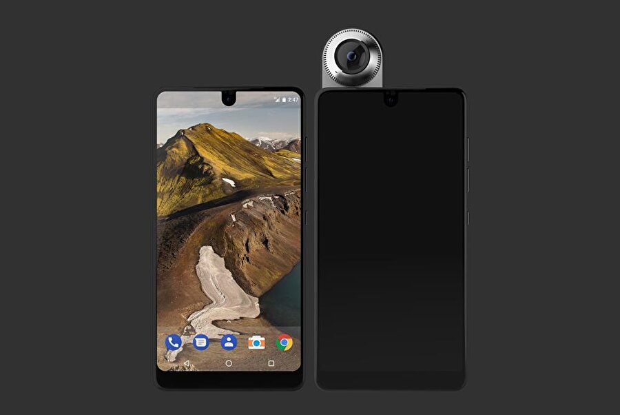 Telefonun ön ve arka kısmında herhangi bir şirket logosu yer almıyor. Arkadaki çift kameraya ek olarak bir de aksesuar desteğiyle 360 derece görüntü kaydı yapılabiliyor.
