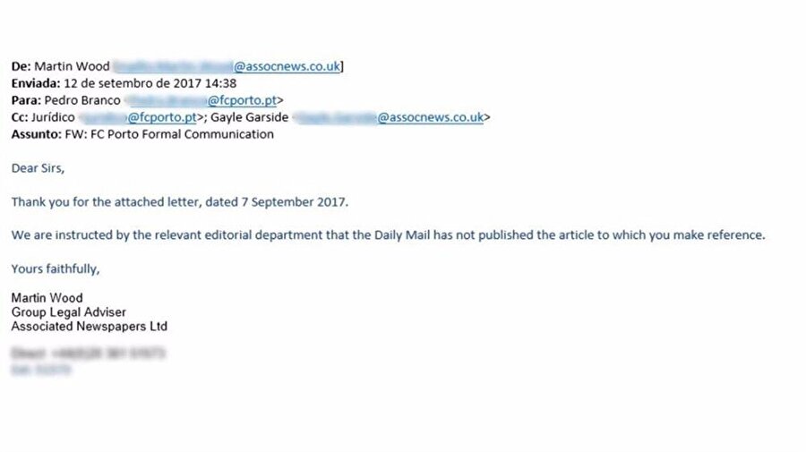 Daily Mail gazetesinden gelen yalanlama maili
