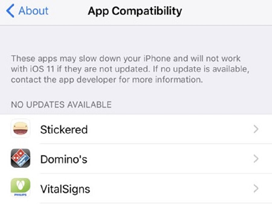 iOS 11 cephesinde uygulamaların uyumluluğunu kontrol etmek için kullanıcıların Ayarlar - Genel - Hakkında - Uygulamalar - Uygulama Uyumluluğu bölümüne erişmeleri gerekiyor. 