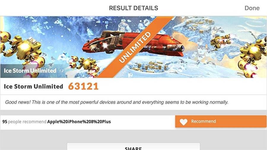 iPhone 8 Plus, 3D Mark Ice Storm Unlimited testlerinden 63121 puan aldı.