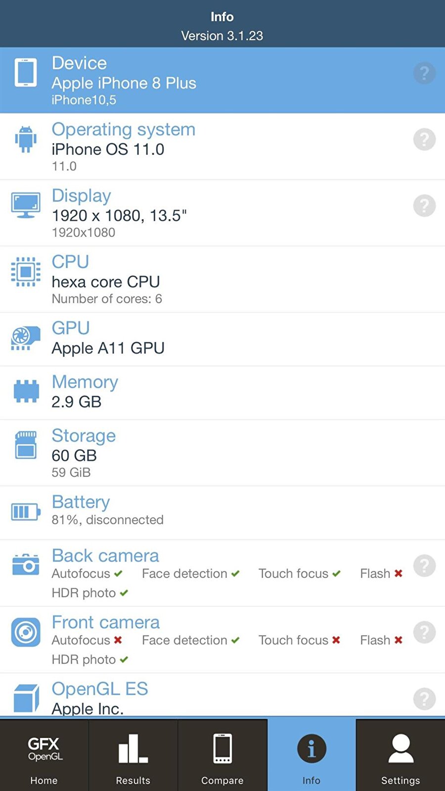 iPhone 8 Plus'taki bileşenlerin tüm detayları GeekBench uygulamasında görülebiliyor. 