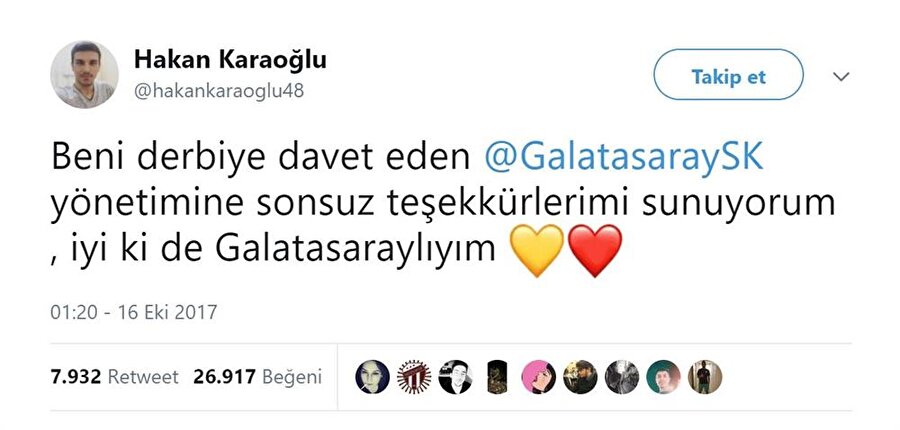 Hakan Karaoğlu, kendisini Fenerbahçe derbisine davet eden Galatasaray yönetimine böyle teşekkür etti.