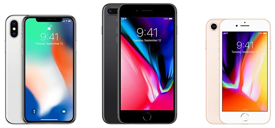 Soldan sağa iPhone X, iPhone 8 Plus ve iPhone 8. 