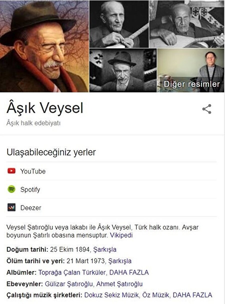 Anasayfadaki Doodle'a tıklayanlar Aşık Veysel'in kişisel bilgilerine ve kendisini dinlemek isteyenlerin ulaşabileceği müzik sayfalarına ulaşabiliyor. 