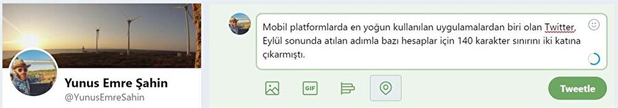 Artık Twitter'da masaüstü ve mobil uygulamalarda sağ altta 140 karakter yerine yuvarlak bir simge beliriyor. Karakter sınırı doldukça otomatik olarak bu yuvarlak etrafında da mavi simge artıyor.