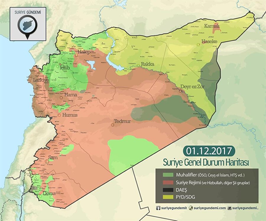 1 Aralık 2017 itibariyle Suriye son durum haritası. Harita: Suriye Gundemi.com
