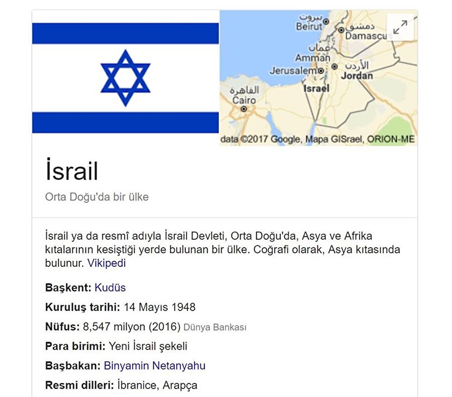 Google'da gerçekleştirilen İsrail araması sonrasında başkent Kudüs olarak ifade ediliyor. 