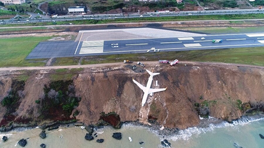 Pegasus Havayolları’nın dün akşam Ankara-Trabzon seferini yapan uçağının Trabzon Havalimanı’na inişi sırasında pistten çıkmasının ardından uçak ve kaza yeri günün ağarması ile havadan görüntülendi.(İHA)