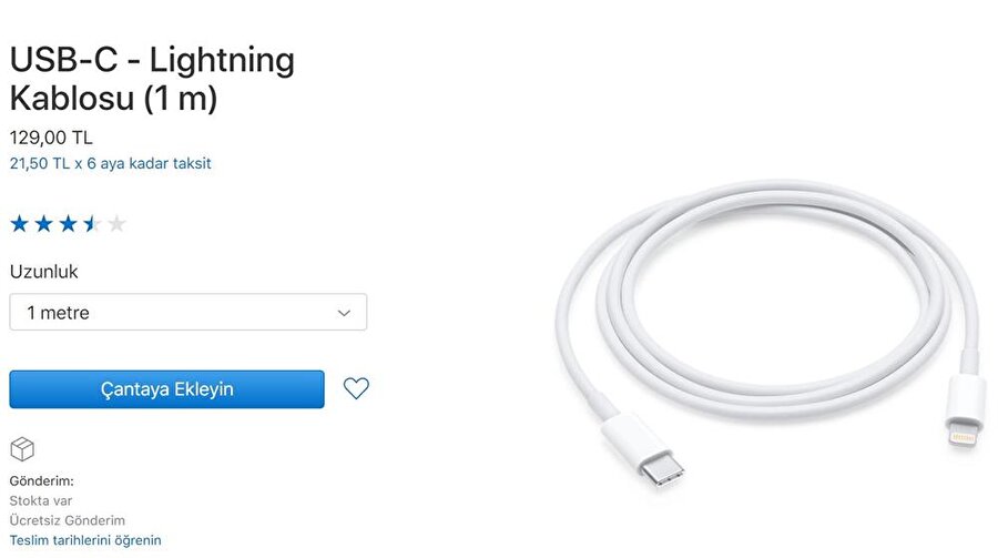 1 metrelik Lightning kablosu Apple'da normalde 129 TL'den satışa sunuluyor. 