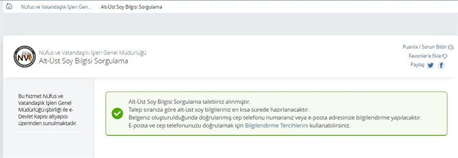 e-Devlet soy ağacı bilgi sayfası şu an aktif.