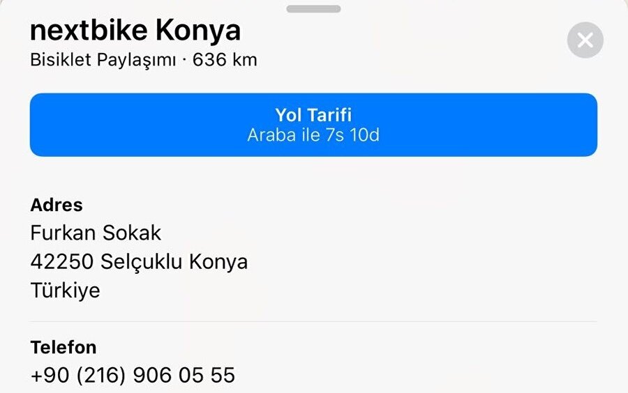 Örneğin Konya'daki Nextbike'ın konumu, tam adresi ve telefon numarası bu şekilde bahsediliyor. 