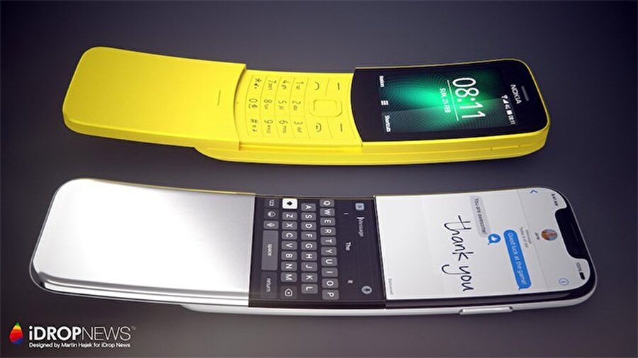 Kavisli iPhone'un yanına Nokia'nın 7210G modeli de konumlandırılmış.