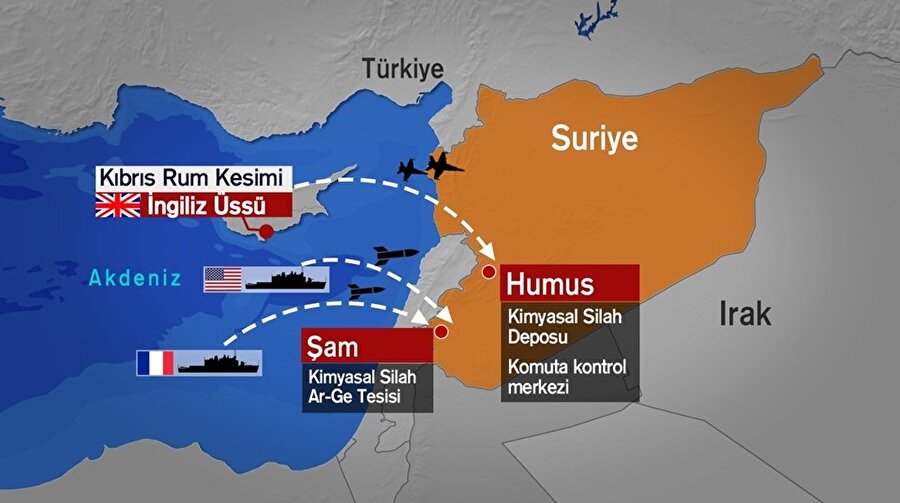Pentagon saldırıda üç bölgenin vurulduğunu açıkladı. Şam'daki Cumhuriyet Muhafızları, Dumeyr Havaalanı, Şam Uluslararası Havalimanı çevresi, Cemeyre Bilimsel Araştırmalar Merkezi, Kasyun Dağı'ndaki hava savunma sistemleri, Kisve ve Kalamun bölgelerindeki askeri noktalar vuruldu. (Kaynak: NTV)