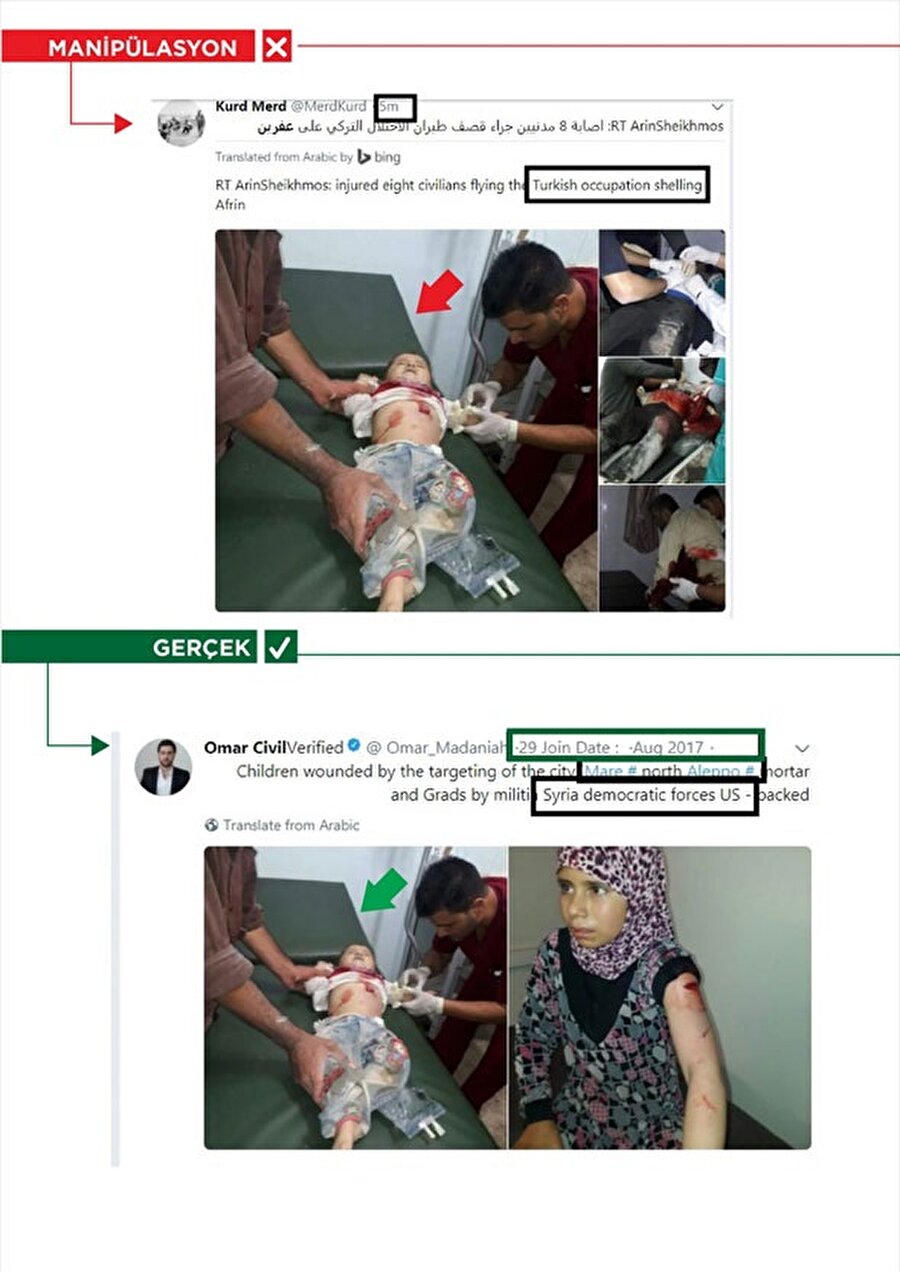 Twitter’da "TSK’nın sivilleri hedef aldığı" iddiasıyla paylaşılan sedyedeki çocuk fotoğrafının, 29 Ağustos 2017’de Suriye’nin kuzeyindeki Mare kentinde, ABD destekli Suriye Demokratik Güçleri’nin saldırısında çekildiği belirlendi.