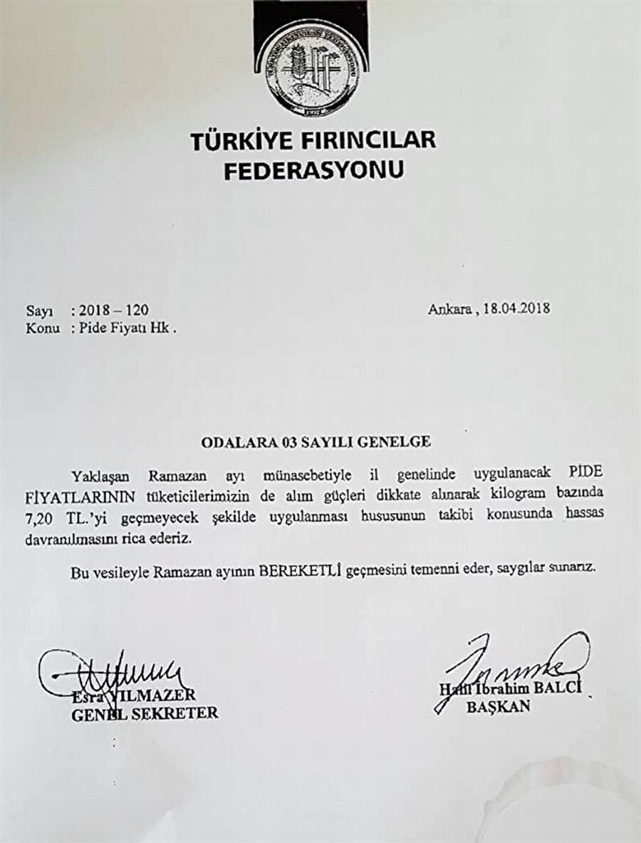 Türkiye Fırıncılar Federasyonu, pidenin kilogramının fiyatını belirten yazıyı ilgili kuruluşlara gönderdi.