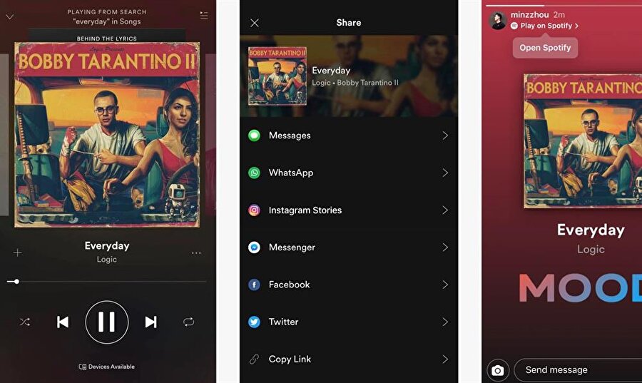 Artık Spotify'ın Paylaş menüsü altında Facebook, Messenger, ve WhatsApp'ın yanı sıra Instagram Stories de yer alıyor. 