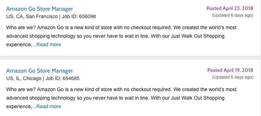 Amazon Go için hazırlanan iş ilanları. 
