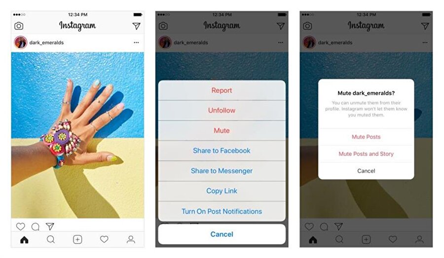 Instagram'da sessize alma özelliğinin kullanım da çok basit. Profilin sağ üstündeki üç nokta simgesine tıklayıp, "Sessiz" düğmesine dokunulduğunda işlem tamamlanıyor. Hepsi bu kadar. 