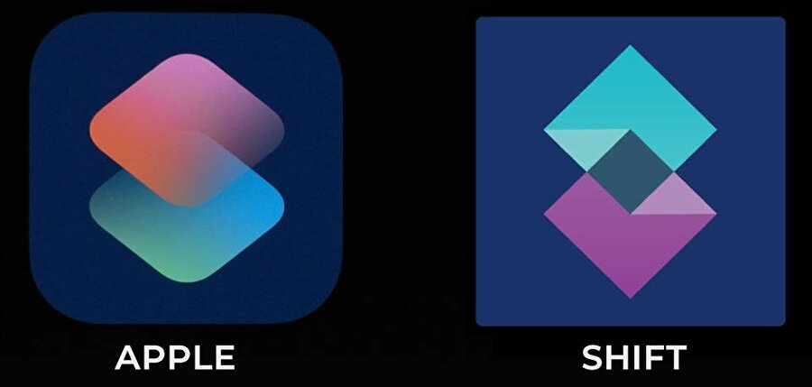 Apple'ın Siri'nin Kısayollar özelliği için tanıttığı logo solda. Sağ kısımda ise Shift'in logosu yer alıyor. Karar sizin...