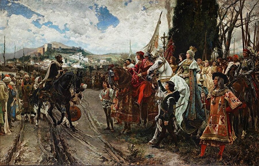İspanyol ressam Francisco Pradilla Ortiz'in 1882'de yaptığı bu tabloda, Gırnata Nasrilerinin son sultanı Ebu Abdullah (Boabdil), şehrin anahtarını Katolik Kral Ferdinan ve eşi Kraliçe İsabel'e takdim ederken görülüyor.