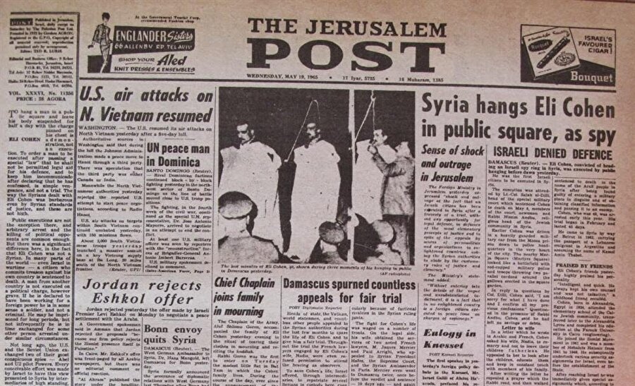 Jerusalem Post gazetesinin Eli Cohen'in idamını duyuran manşeti.