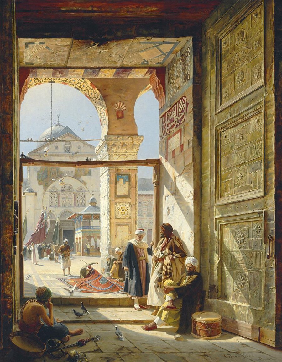Gustav Bauernfeind'in Şam'daki Emevi Camii'ni çizdiği resmi.